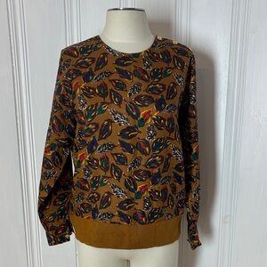 🍂 EATONIA Vintage Feather Print Blouse in Camel with Jewel-Tone Accents